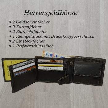 Herren Geldbörse Schwarz mit RFID Adler Motiv Voll Leder Doppelnaht Stabil robust modern
